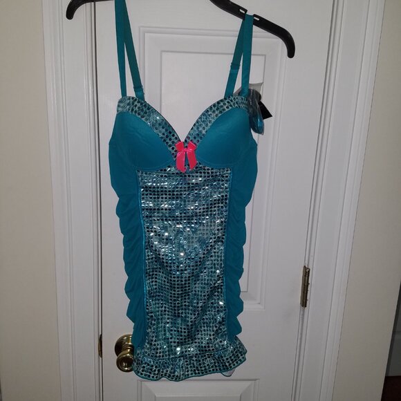 Passion Forever Bustier Embelished Slip Lingerie XL TealColor Silver Sequin NWT - Picture 2 of 10